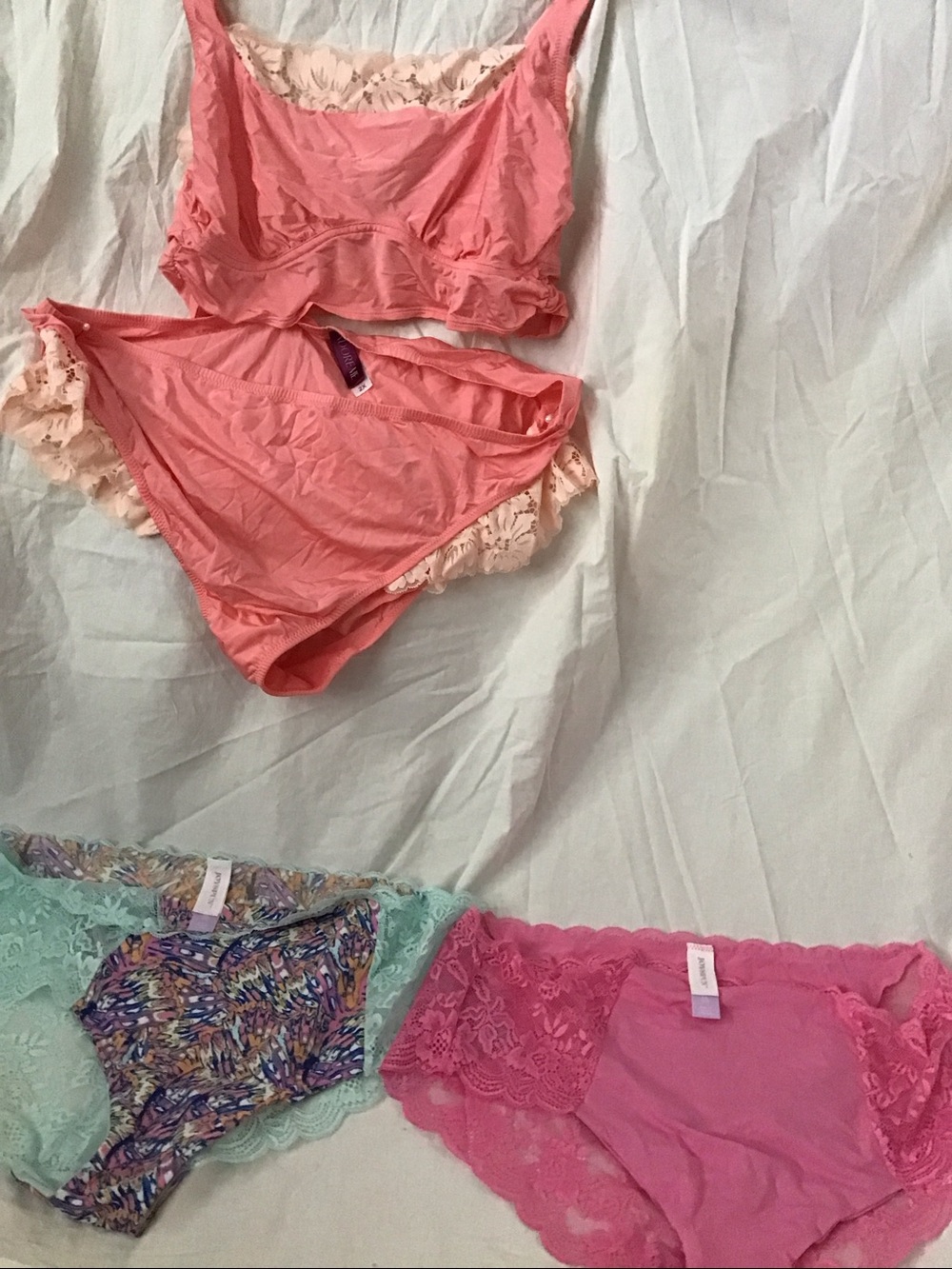 Adore Me Lace & Knit Bikini Panty Set in Coral, Pink & Mint Joyspun